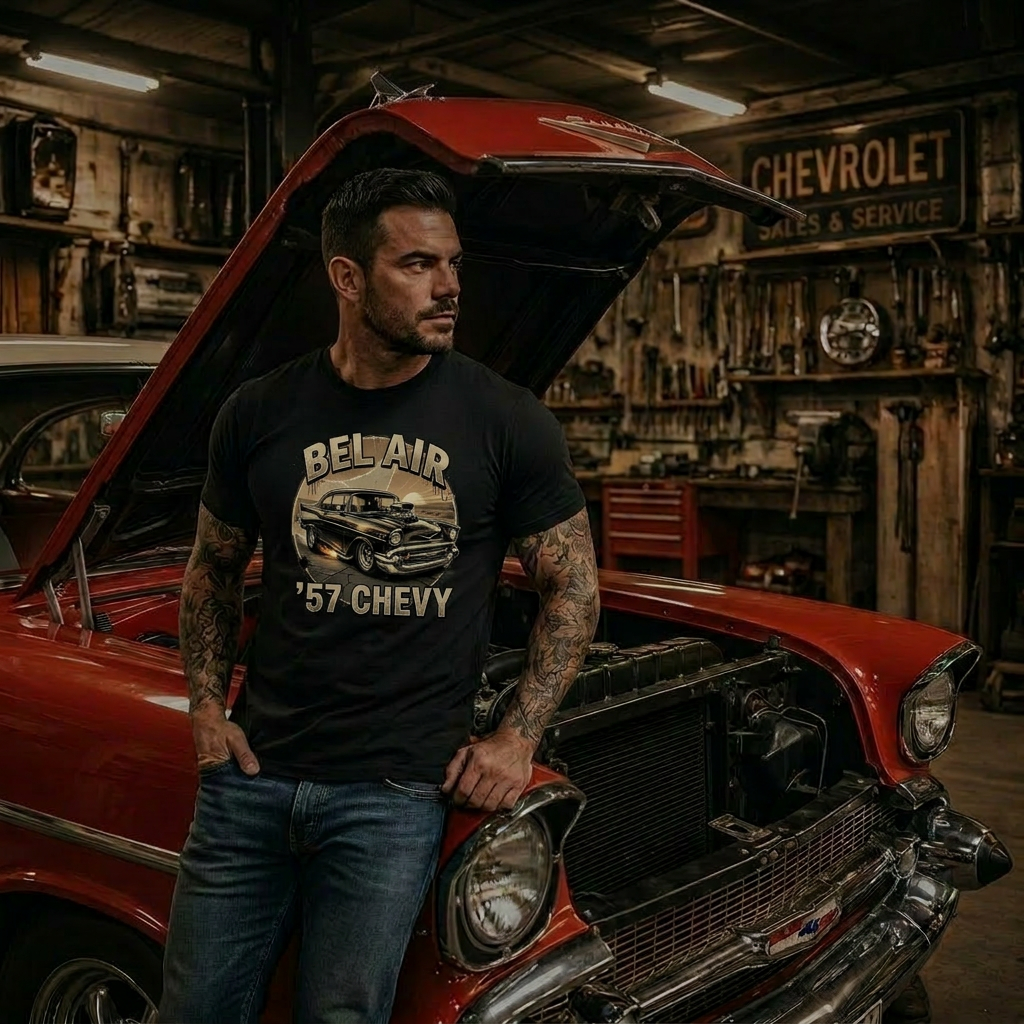 1957 Chevy Hot Rod T-Shirt | Classic Flame Car Tee 4A
