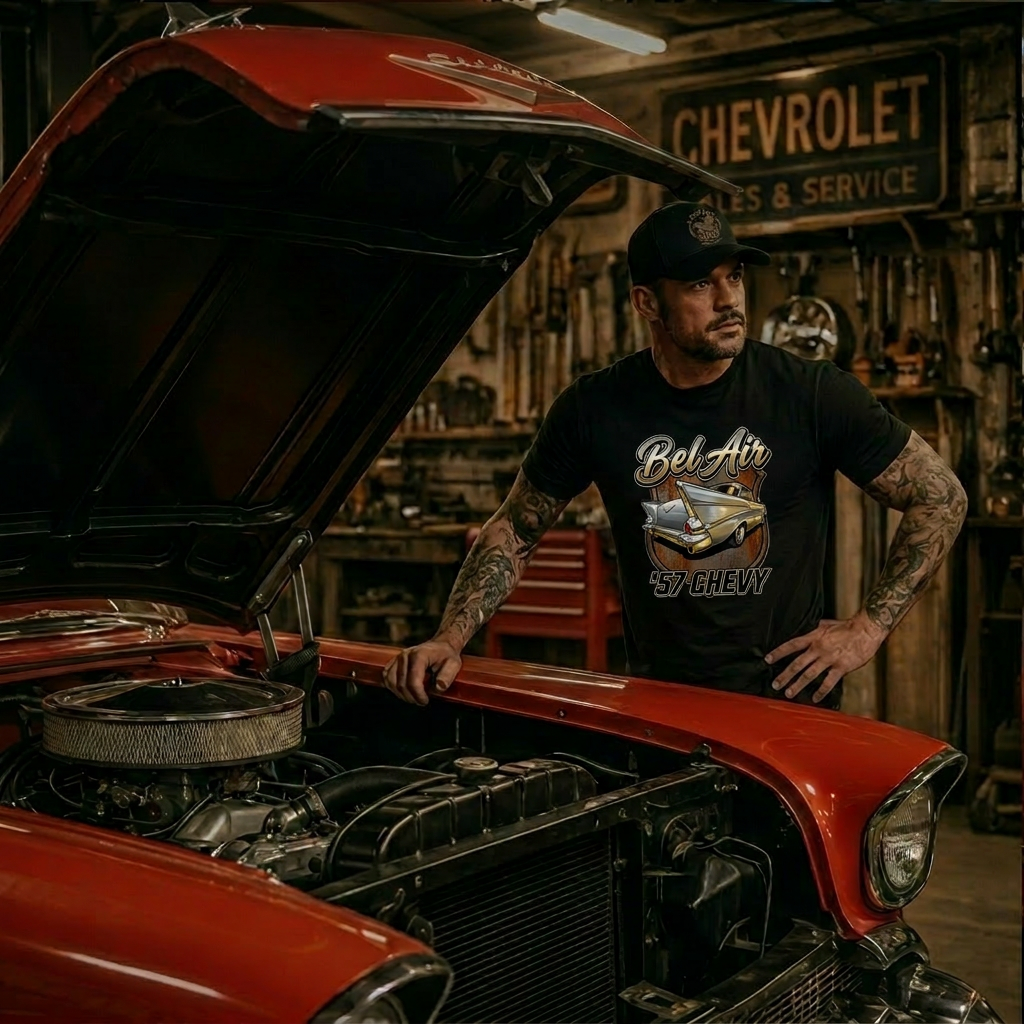 57 Chevy Bel Air Rear View Shirt | Classic Tailfin Car Tee 6A