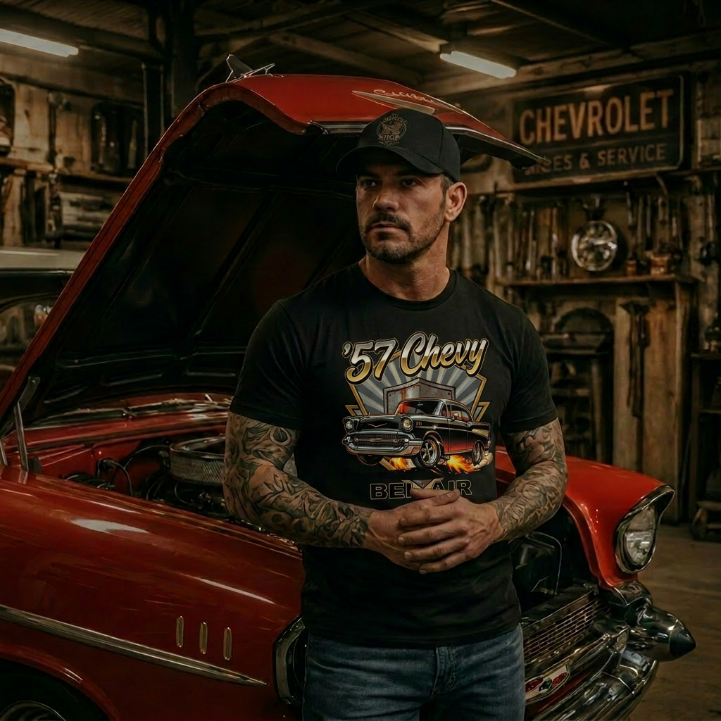 57 Chevy Garage Badge Shirt | Vintage Mechanic Tee 7A