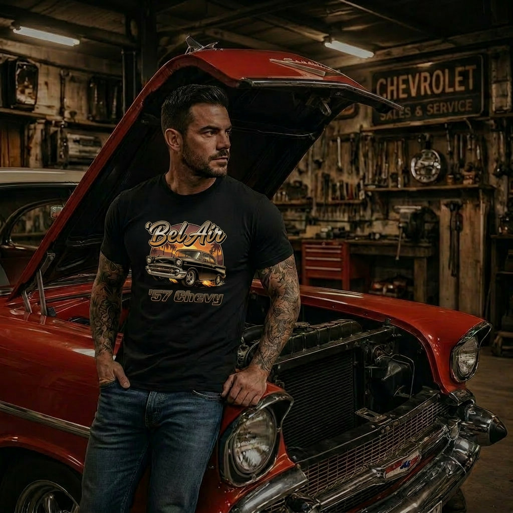 Classic Car Road Trip Shirt | 57 Chevy Flame Cruiser Tee 10B