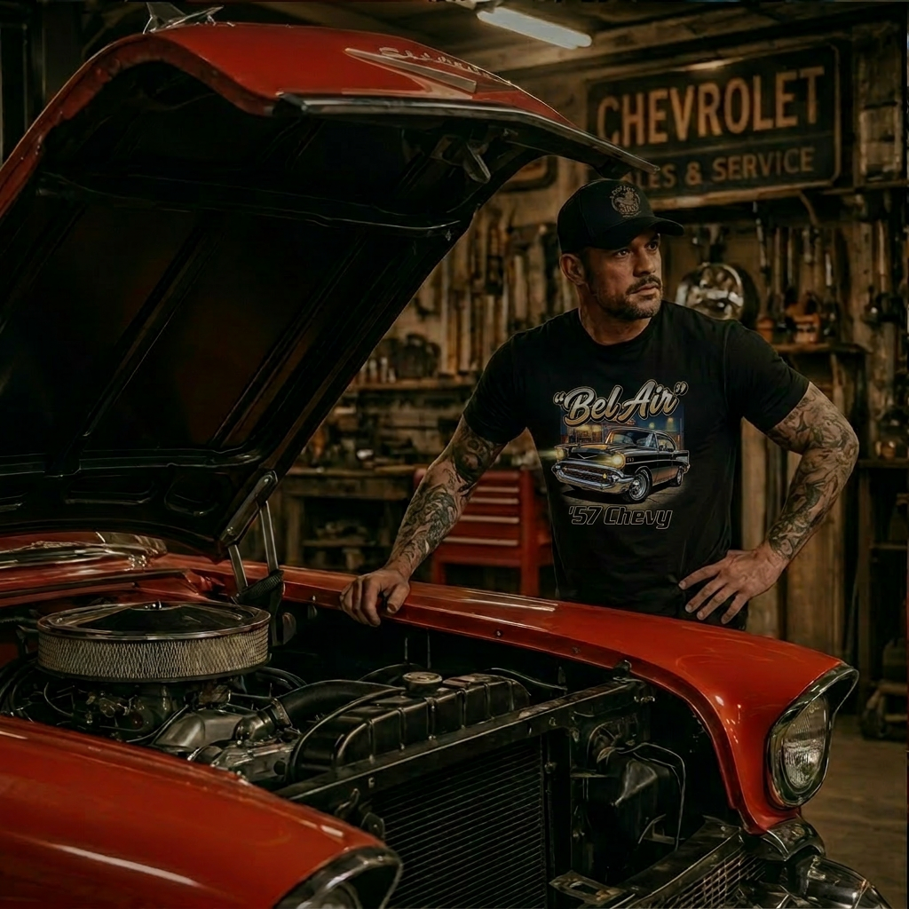 Late Night Garage Shirt | 57 Chevy Build Tee 14B