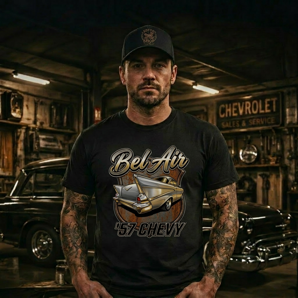 57 Chevy Bel Air Rear View Shirt | Classic Tailfin Car Tee 6A