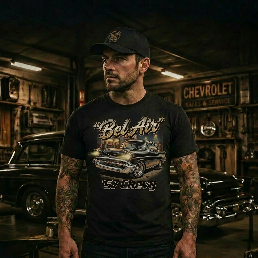 Late Night Garage Shirt | 57 Chevy Build Tee 14B